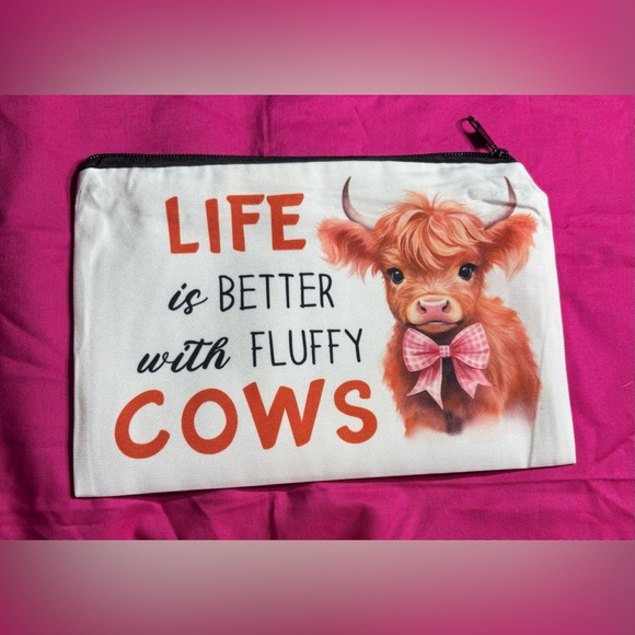New Life is Better with Fluffy Cows Highland Cow Makeup Bags Zipper - Picture 1 of 1